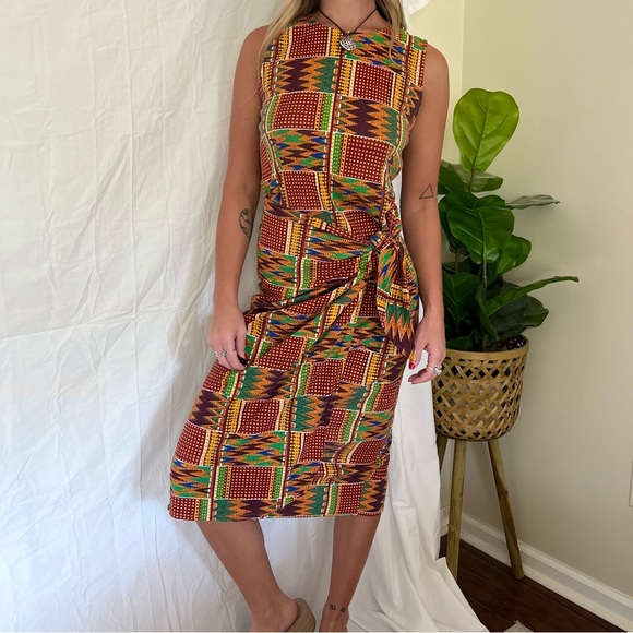 Vintage 90s Abstract Tie Waist Midi Dress - Picture 1 of 7